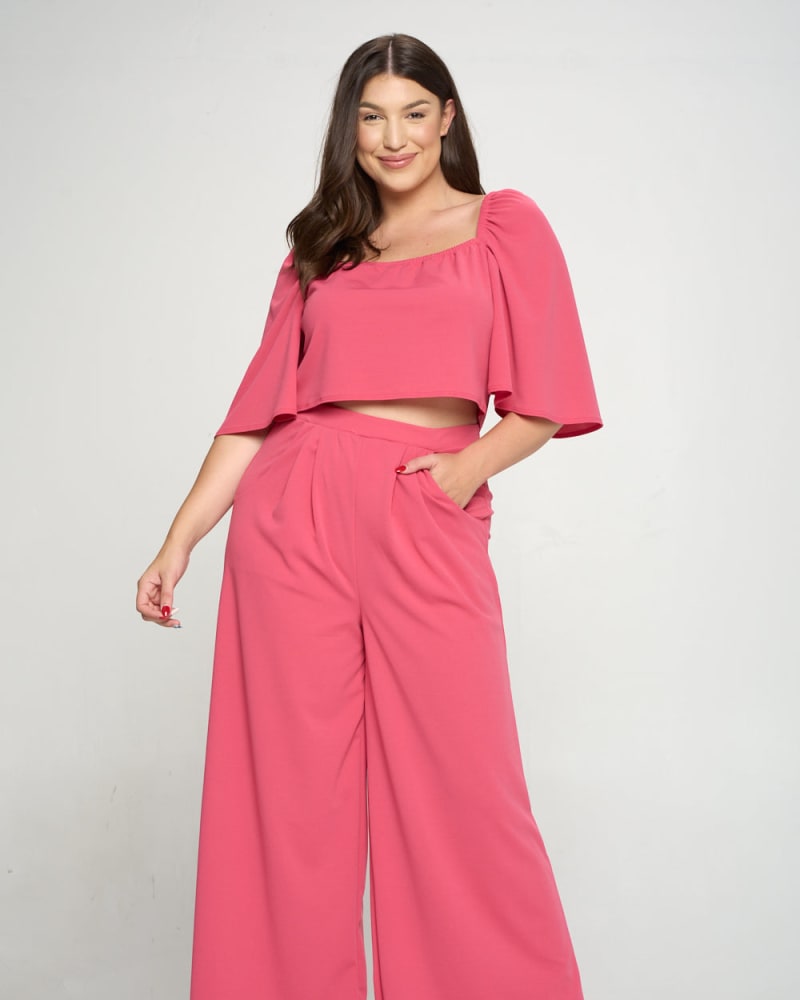 Front of a model wearing a size 2X Meredith Crop Top and High Waisted Pants Set in Pink by L I V D. | dia_product_style_image_id:241731